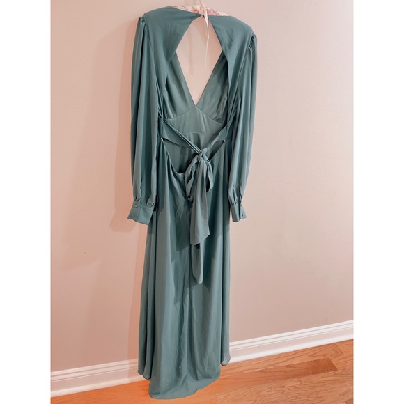 Lulus Hunter Green Long Sleeve Plunge Neck Maxi Dress XL Tie Back Formal Evening - Picture 8 of 9